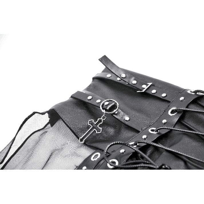 Darkinlove Women's Punk High-waisted Faux Leather Straps Sheer Mesh Maxi Skirt