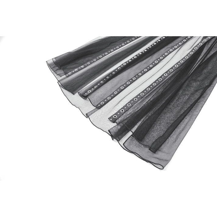 Darkinlove Women's Punk High-waisted Faux Leather Straps Sheer Mesh Maxi Skirt