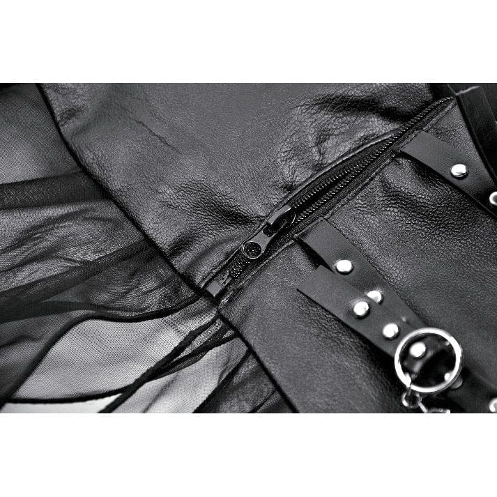 Darkinlove Women's Punk High-waisted Faux Leather Straps Sheer Mesh Maxi Skirt