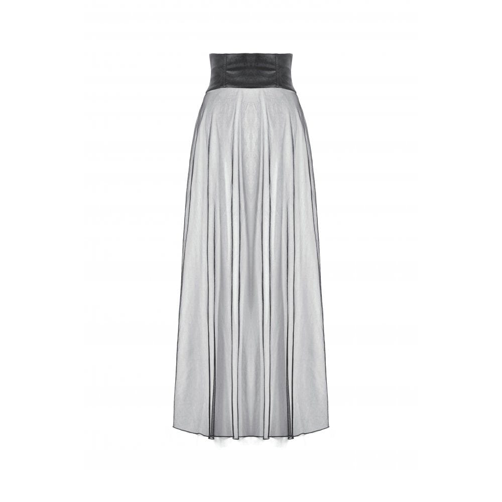 Darkinlove Women's Punk High-waisted Faux Leather Straps Sheer Mesh Maxi Skirt