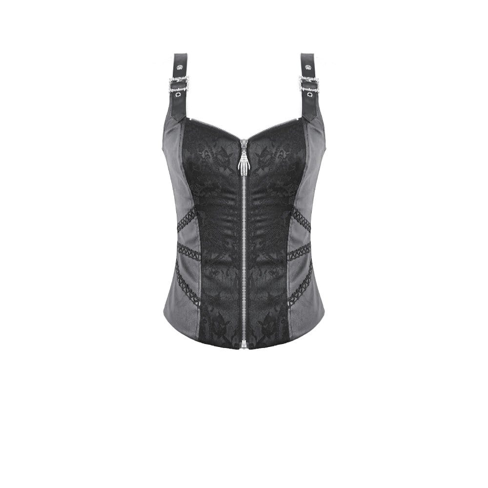 Darkinlove Women's Punk Jacquard Buckle Straps Zipper Vest
