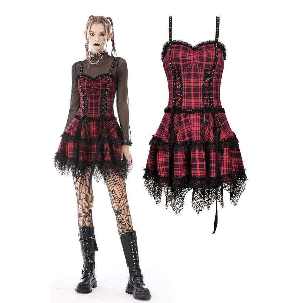Darkinlove Women's Punk Lace Hem Plaid Layered Slip Dress