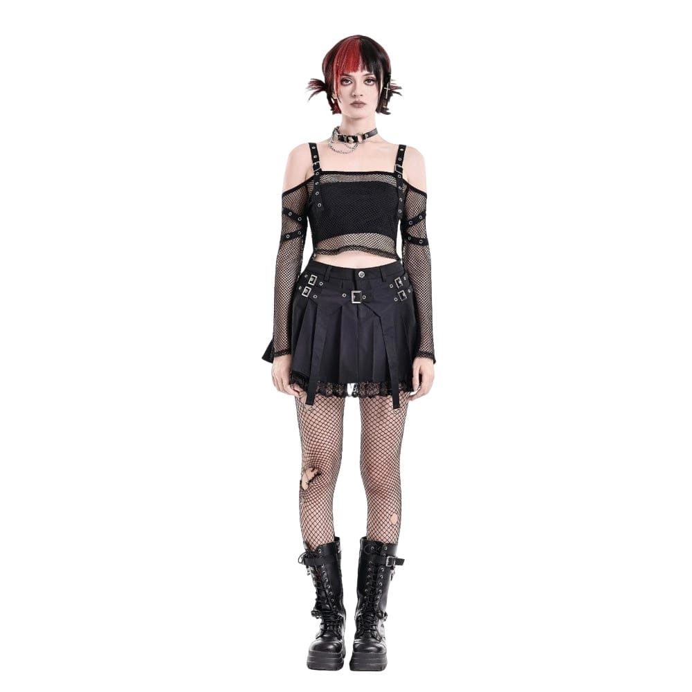 Darkinlove Women's Punk Lace Patchwork Buckle Strap Pleated Skirt