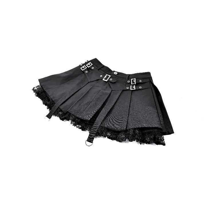 Darkinlove Women's Punk Lace Patchwork Buckle Strap Pleated Skirt