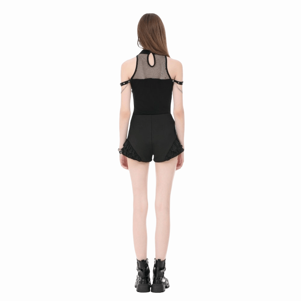 Darkinlove Women's Punk Lace Patchwork Buckle Straps Zipper Shorts