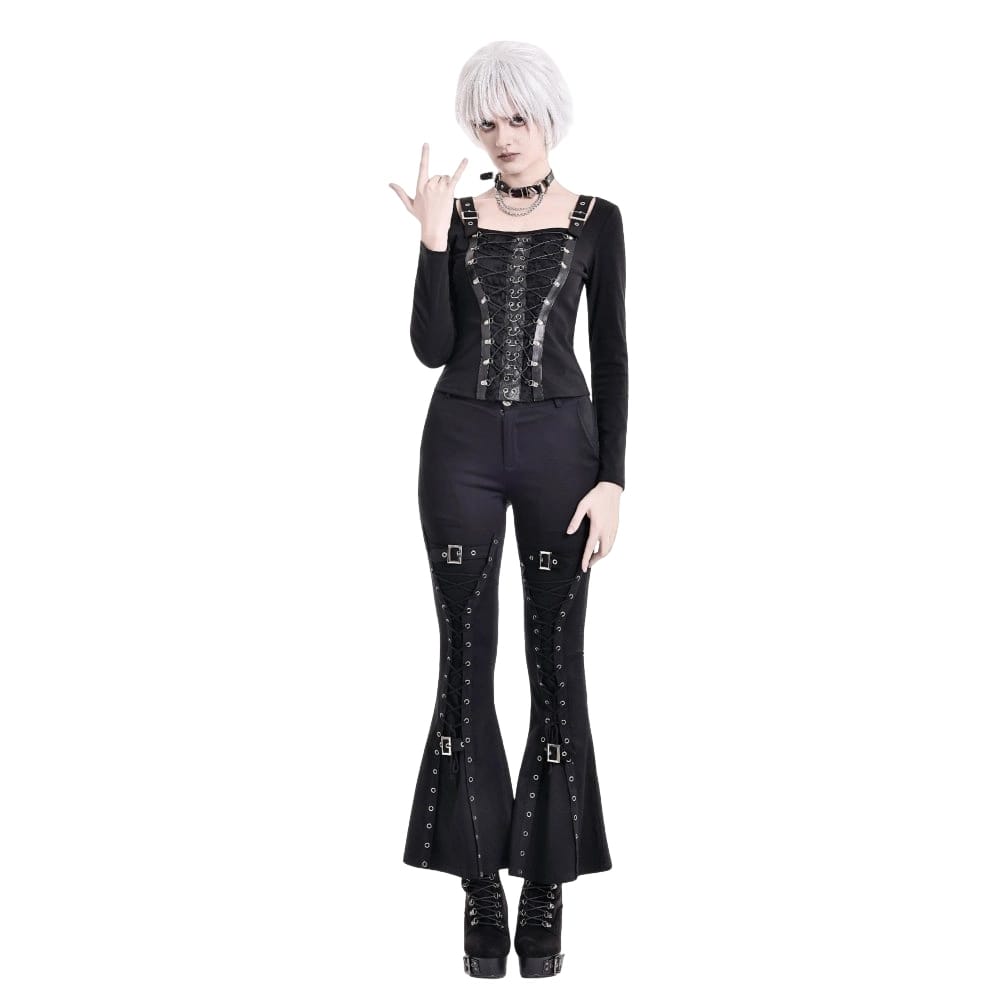 Darkinlove Women's Punk Lace-up Buckle Strap Square-cut Collar Long Sleeve Top