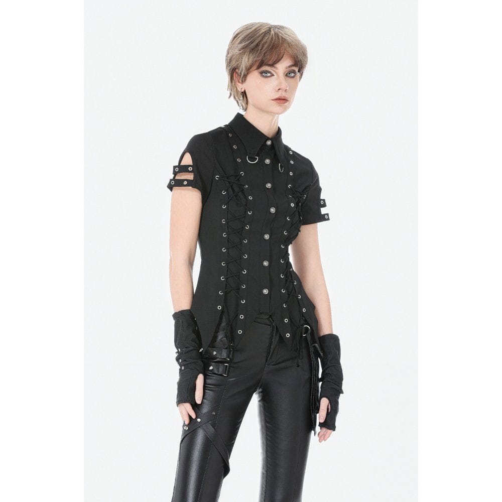 Darkinlove Women's Punk Lace-up Eyelets Turn-down Collar Shirt