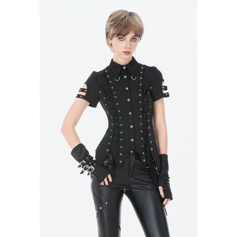 Darkinlove Women's Punk Lace-up Eyelets Turn-down Collar Shirt