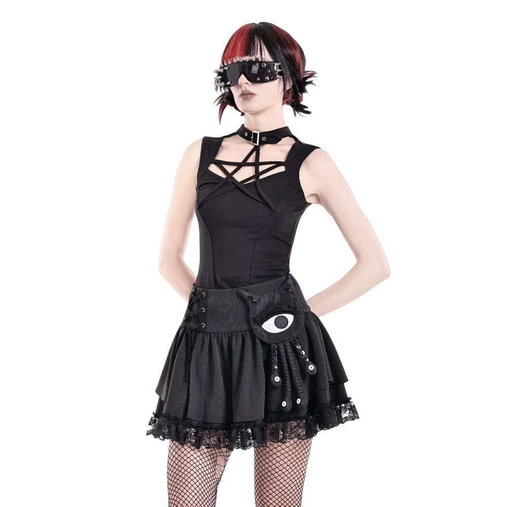 Darkinlove Women's Punk Lace-up Floral Lace Patchwork Evil Eye Tentacle Applique Mini Skirt