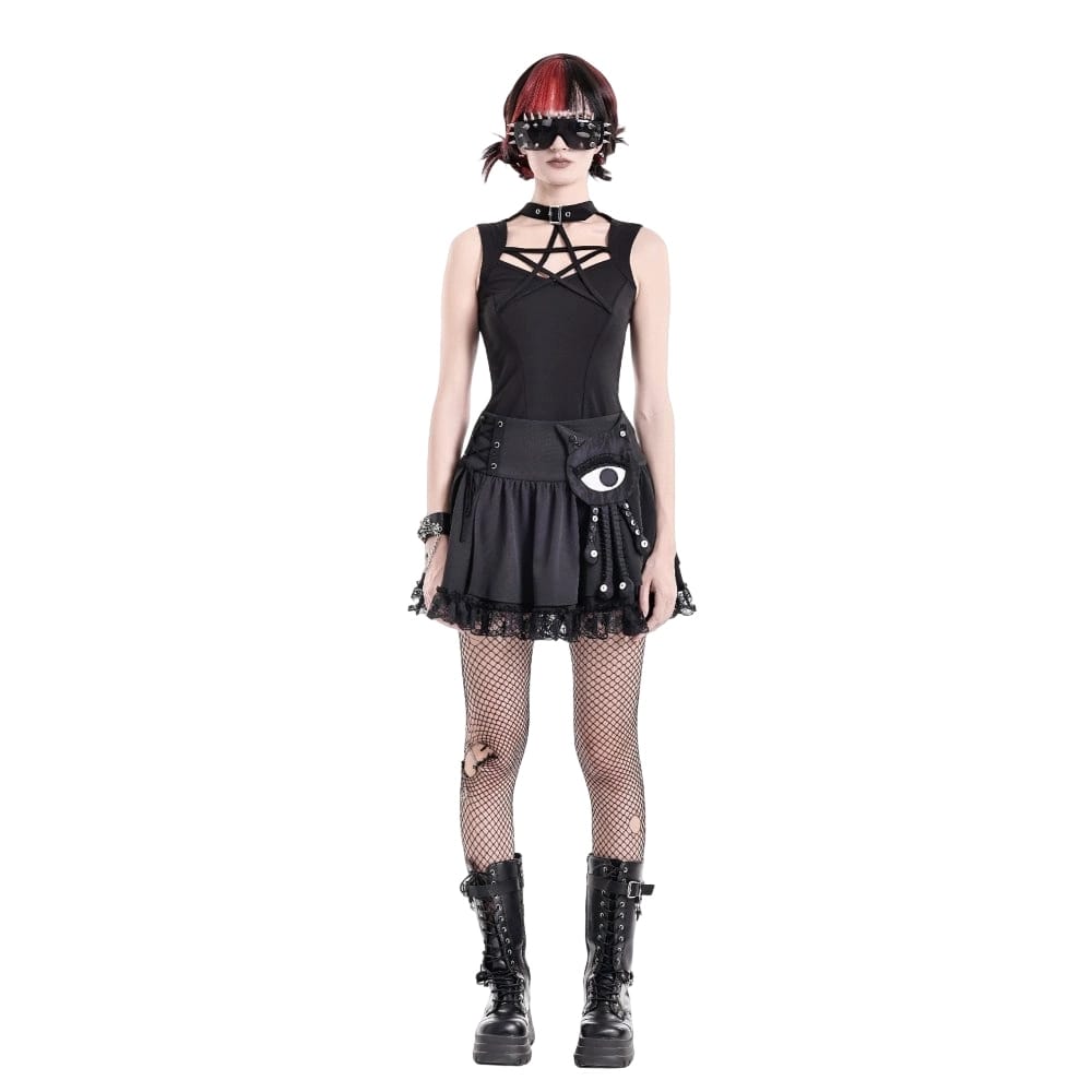 Darkinlove Women's Punk Lace-up Floral Lace Patchwork Evil Eye Tentacle Applique Mini Skirt