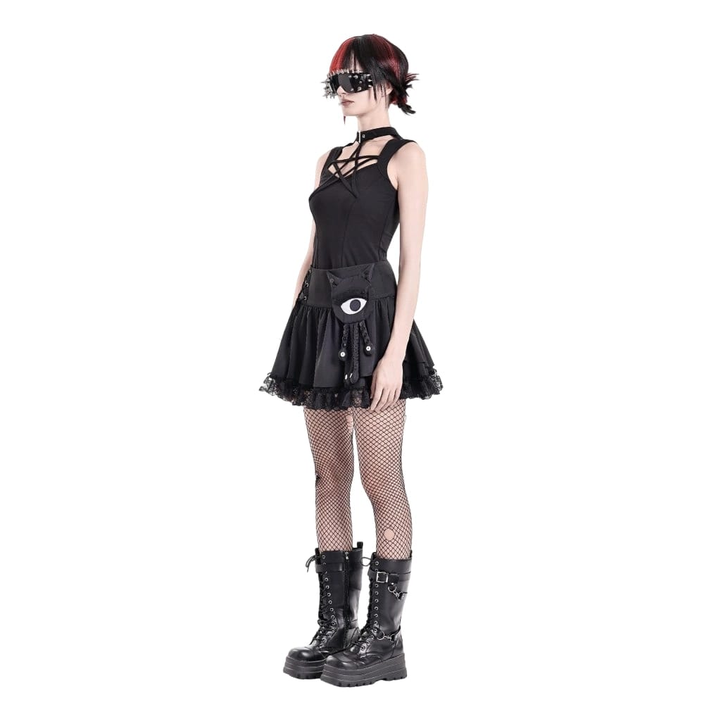 Darkinlove Women's Punk Lace-up Floral Lace Patchwork Evil Eye Tentacle Applique Mini Skirt