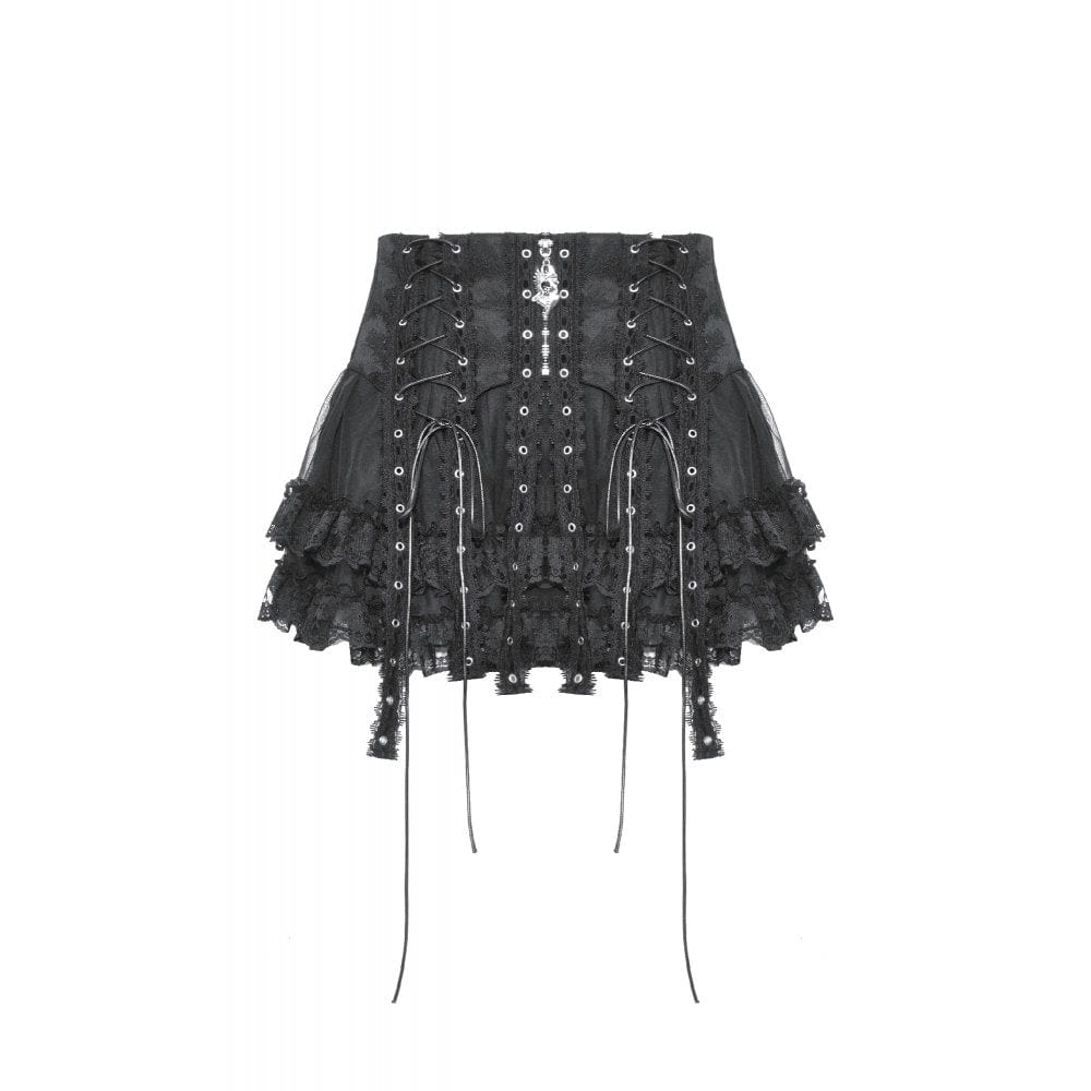 Darkinlove Women's Punk Lace-up Layered Mesh Skirt