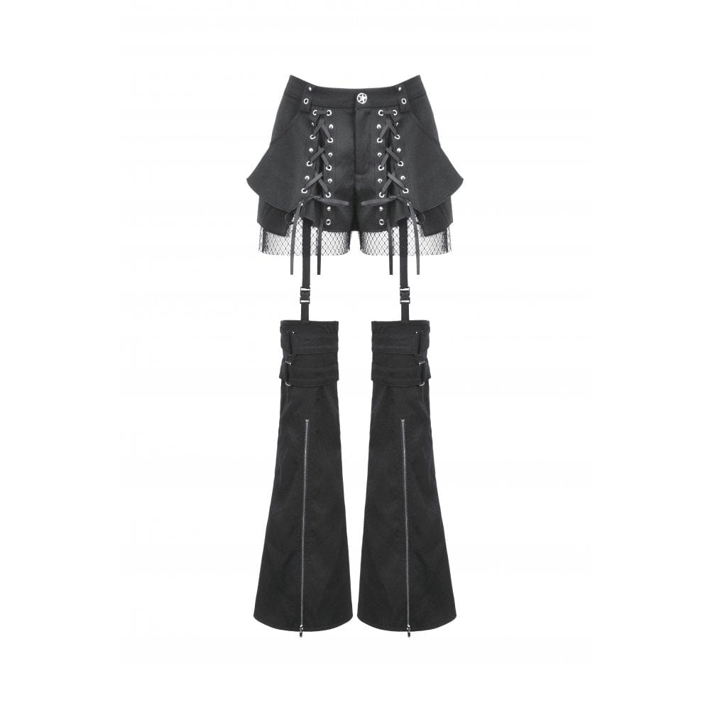 Darkinlove Women's Punk Lacing-up Shorts with Removable Zipper Leg Warmers