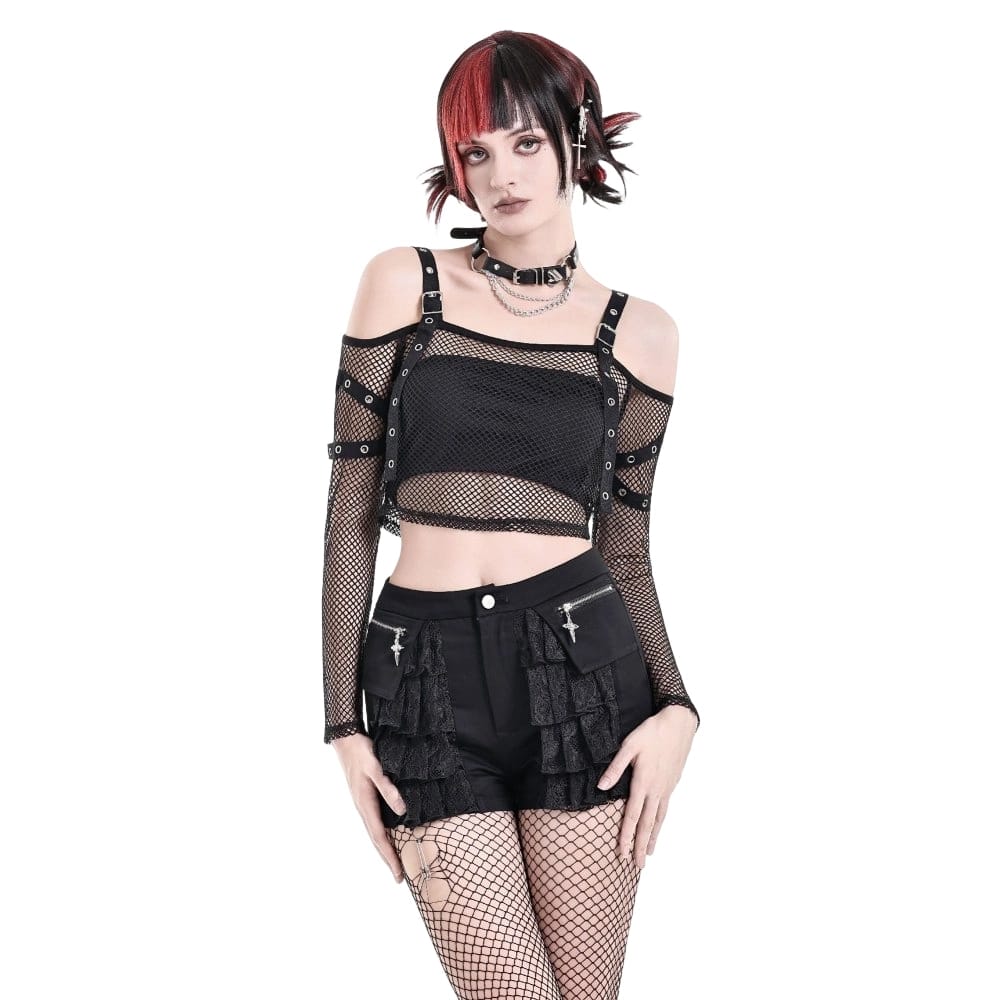 Darkinlove Women's Punk Layered Lace Ruffle Zipper Shorts