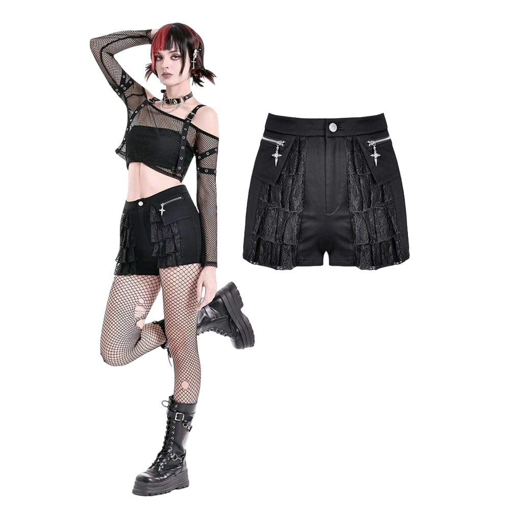 Darkinlove Women's Punk Layered Lace Ruffle Zipper Shorts