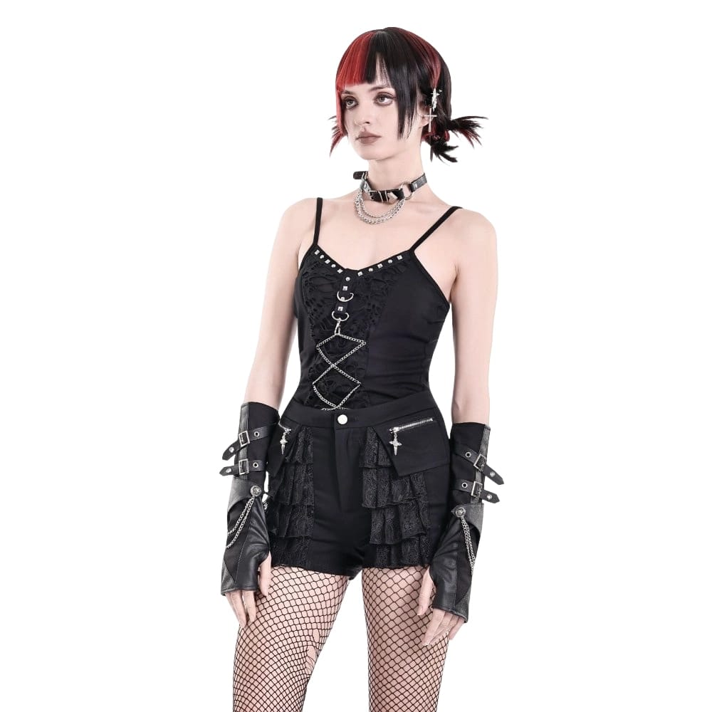 Darkinlove Women's Punk Layered Lace Ruffle Zipper Shorts