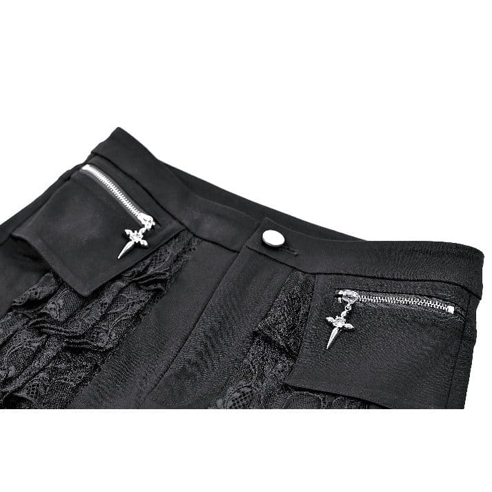 Darkinlove Women's Punk Layered Lace Ruffle Zipper Shorts