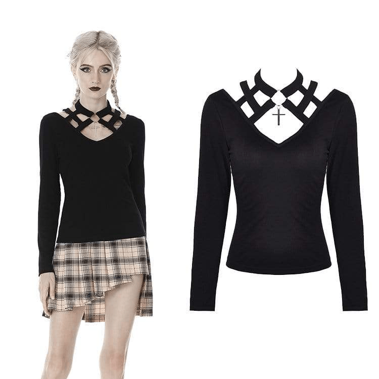 Darkinlove Women's Punk Long Sleeved Hollowed V-neck T-shirts