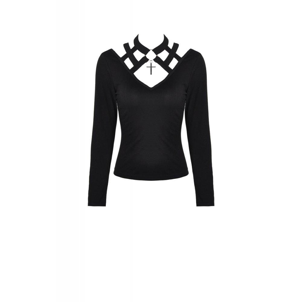 Darkinlove Women's Punk Long Sleeved Hollowed V-neck T-shirts