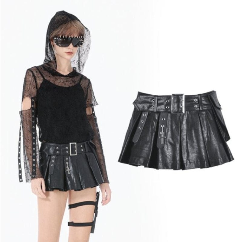 Darkinlove Women's Punk Low-Waist Shorts with Asymmetric Pleated Belt