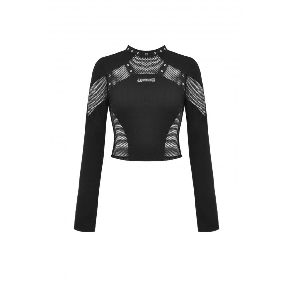 Darkinlove Women's Punk Mesh Splice Eyelet Crop Top