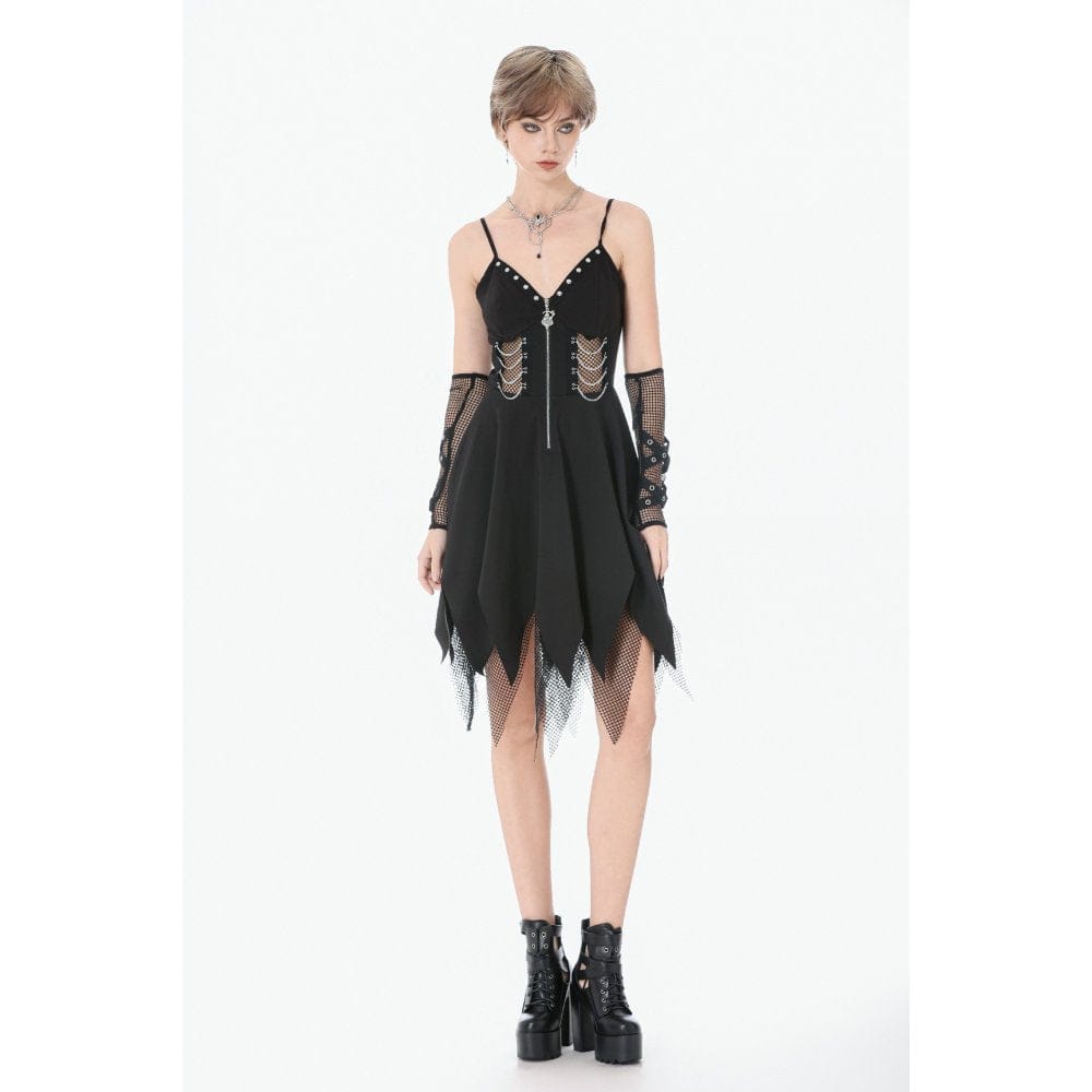 Darkinlove Women's Punk Mesh Splice Rivet Chained Slip Dress