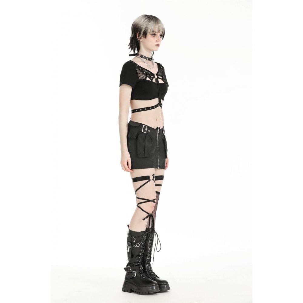 Darkinlove Women's Punk Mesh Splice Strap Crop Top