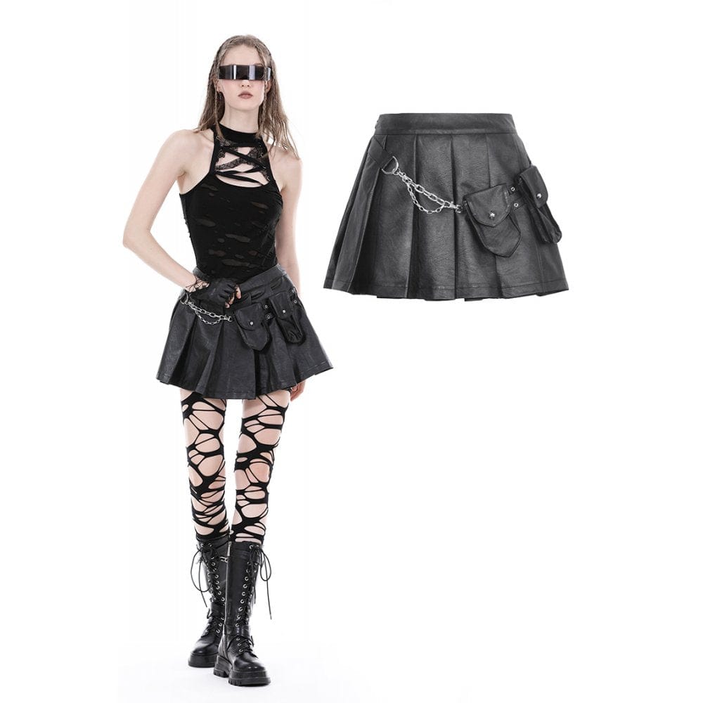 Darkinlove Women's Punk Multi-pocket Faux Leather Pleated Skirt