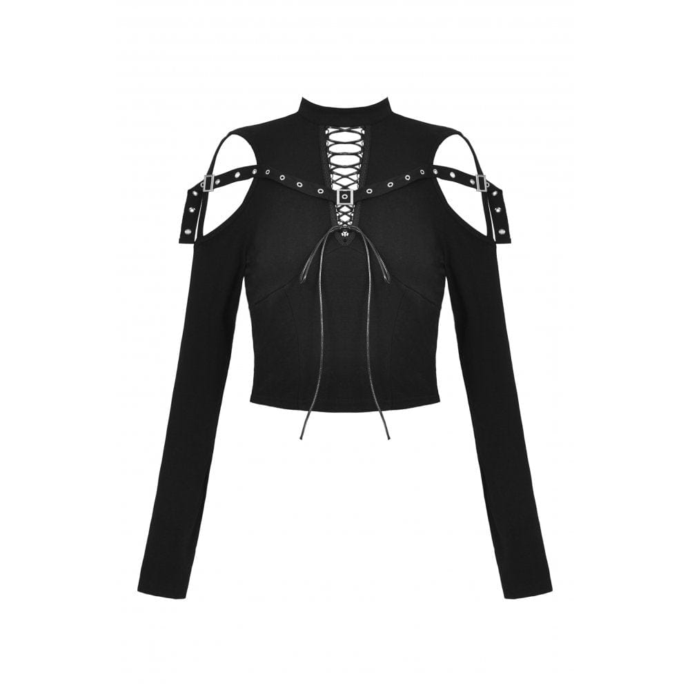 Darkinlove Women's Punk Off Shoulder Eyelet Strap Crop Top