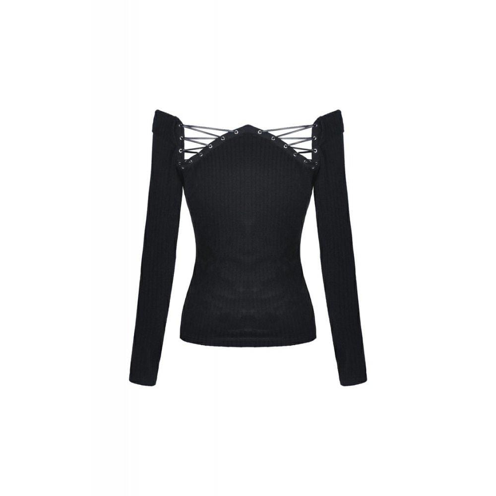 Darkinlove Women's Punk Off-shoulder Hollowed Chest T-shirts With Lace-up Back