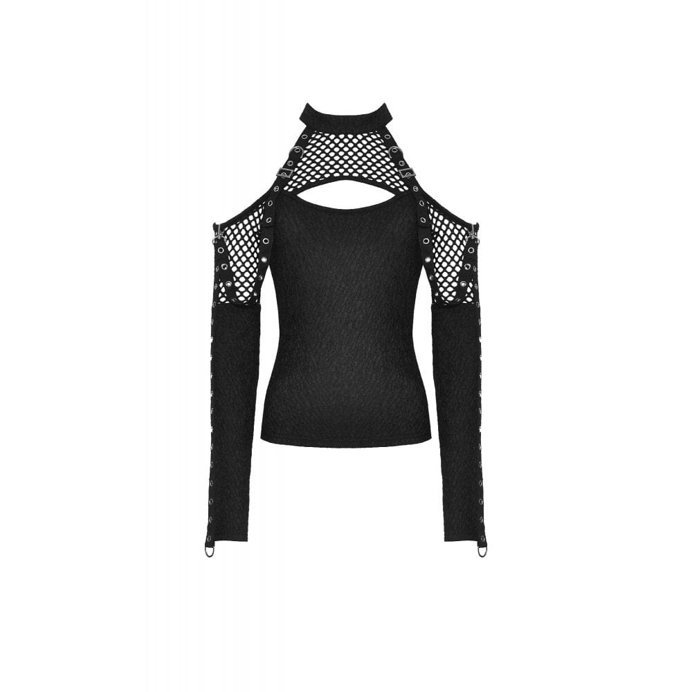 Darkinlove Women's Punk Off Shoulder Mesh Splice Shirt