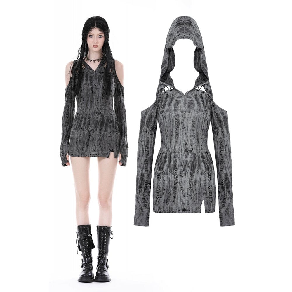 Darkinlove Women's Punk Off Shoulder Ripped Dress with Hood