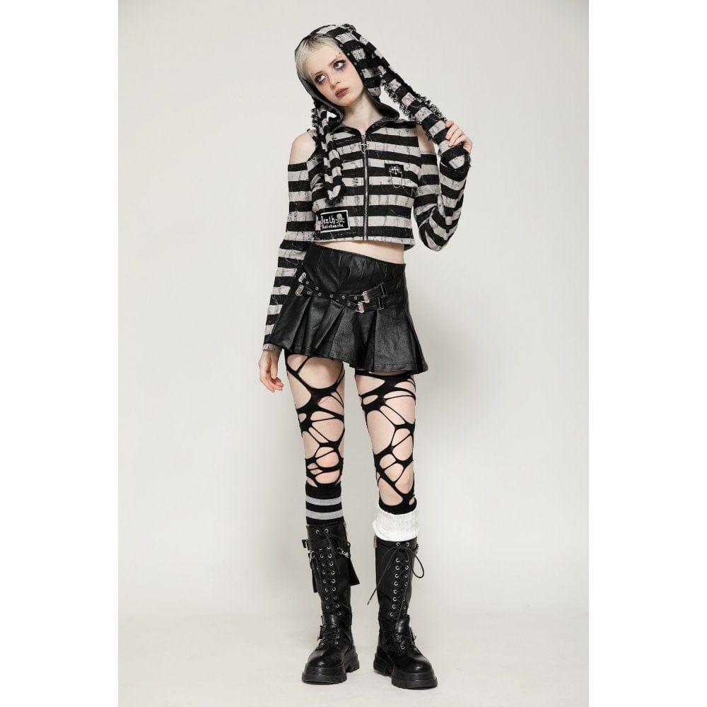 Darkinlove Women's Punk Off-the-Shoulder Bunny Striped Crop Top