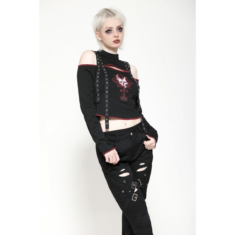 Darkinlove Women's Punk Off-the-Shoulder Eyelet Strap Crop Top