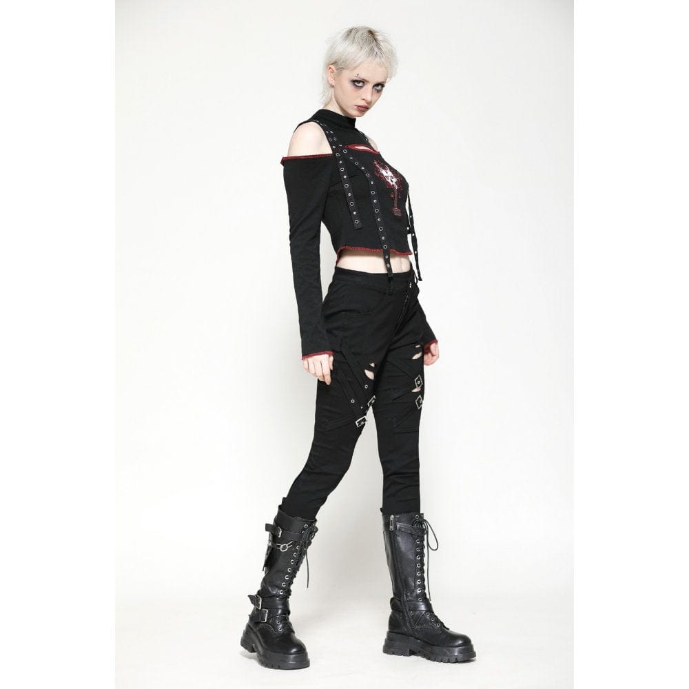 Darkinlove Women's Punk Off-the-Shoulder Eyelet Strap Crop Top