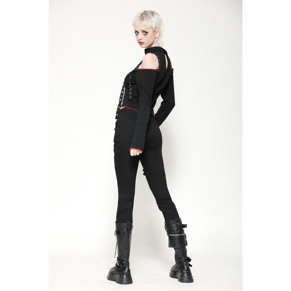 Darkinlove Women's Punk Off-the-Shoulder Eyelet Strap Crop Top