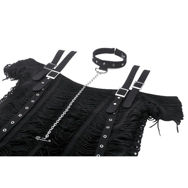 Darkinlove Women's Punk Off-the-shoulder Ripped T-shirt with Detachable Choker