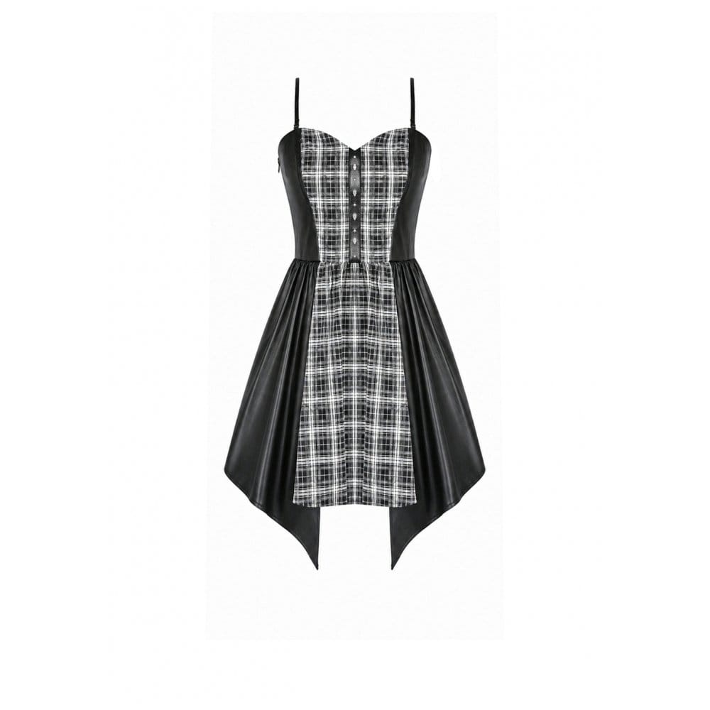 Darkinlove Women's Punk Plaid Panel Patchwork Irregular Hem Slip Dress