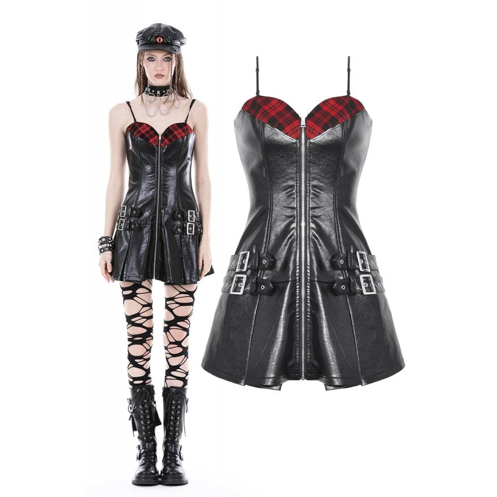 Darkinlove Women's Punk Plaid Splice Faux Leather Slip Dress