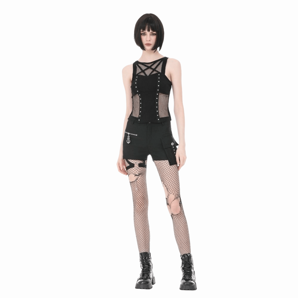 Darkinlove Women's Punk Rivet Pentagram Mesh Splice Tank Top