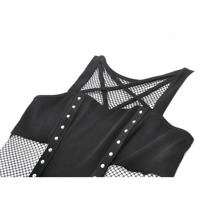 Darkinlove Women's Punk Rivet Pentagram Mesh Splice Tank Top