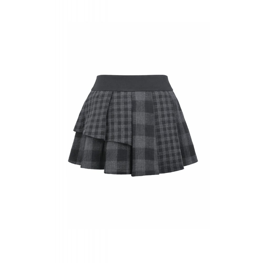 Darkinlove Women's Punk Rivet Plaid Asymmetric Skirt