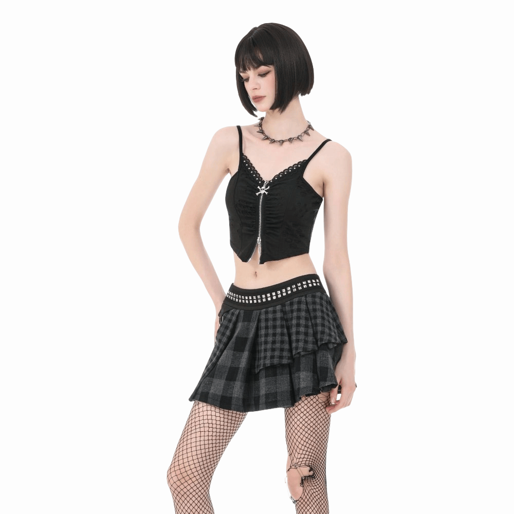 Darkinlove Women's Punk Rivet Plaid Asymmetric Skirt