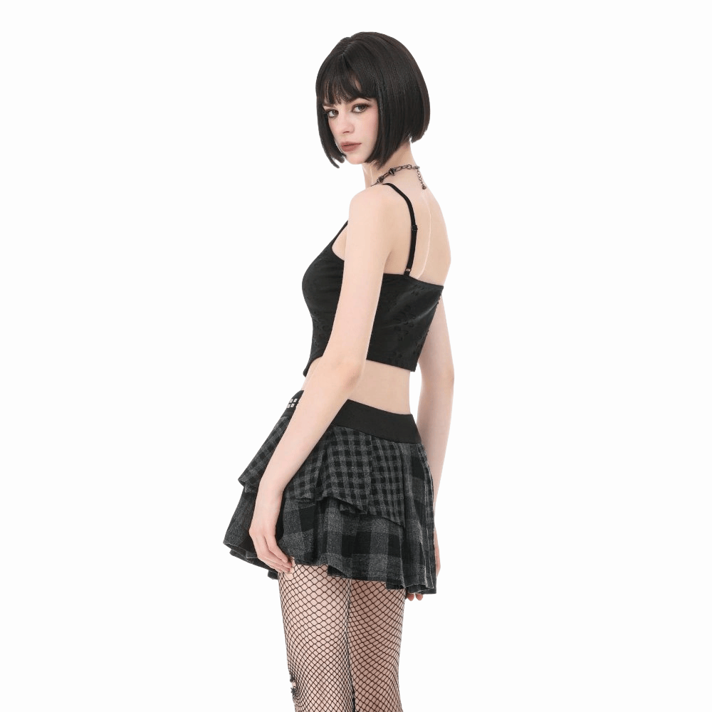 Darkinlove Women's Punk Rivet Plaid Asymmetric Skirt