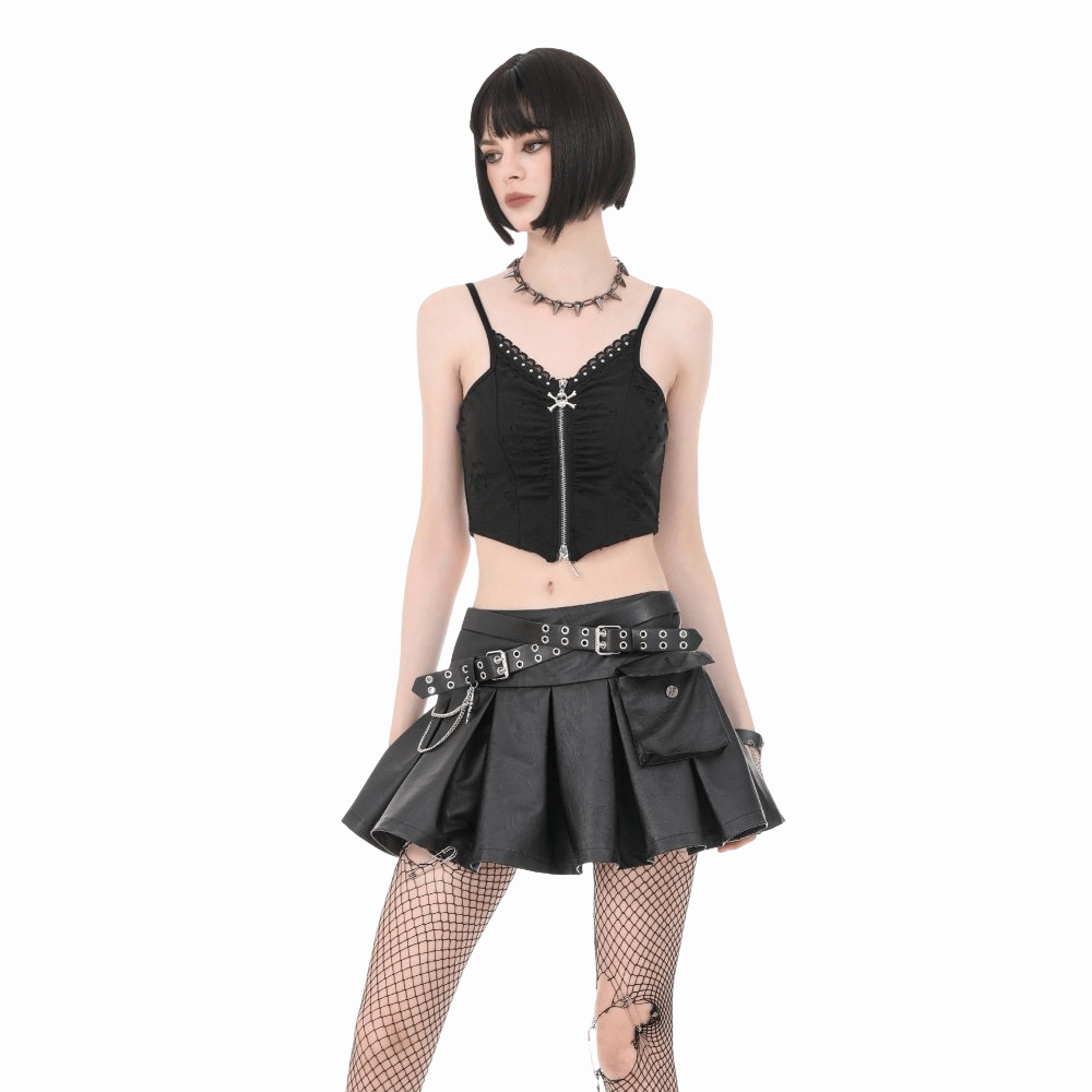 Darkinlove Women's Punk Rivet Skull Ripped Ruched Bustier