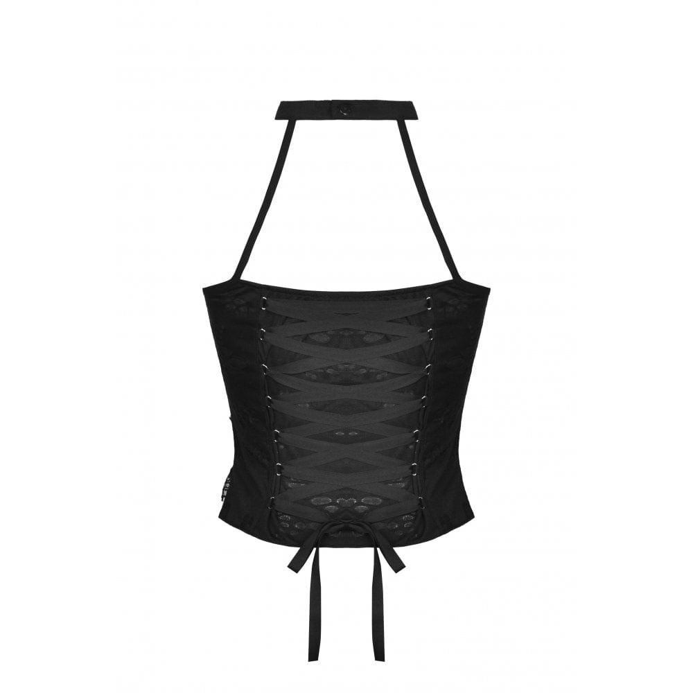 Darkinlove Women's Punk Rock Ripped Halterneck Back Lacing-up Tank Top