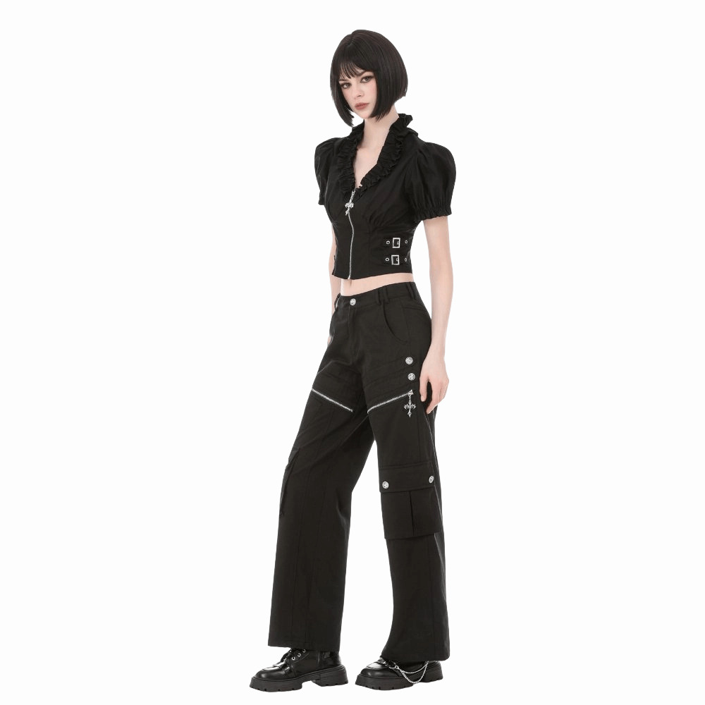 Darkinlove Women's Punk Ruffled Plunging Zipper Short Sleeve Crop Top