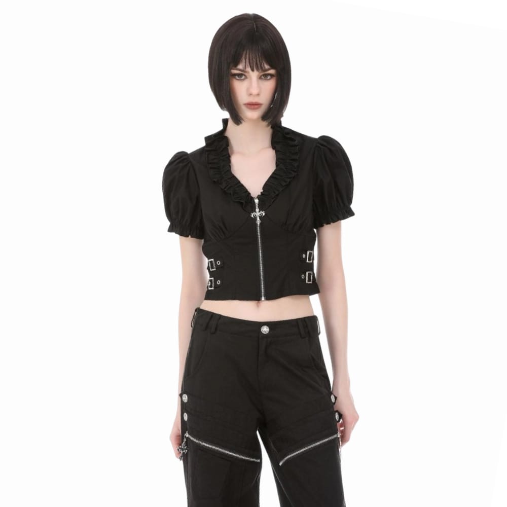 Darkinlove Women's Punk Ruffled Plunging Zipper Short Sleeve Crop Top