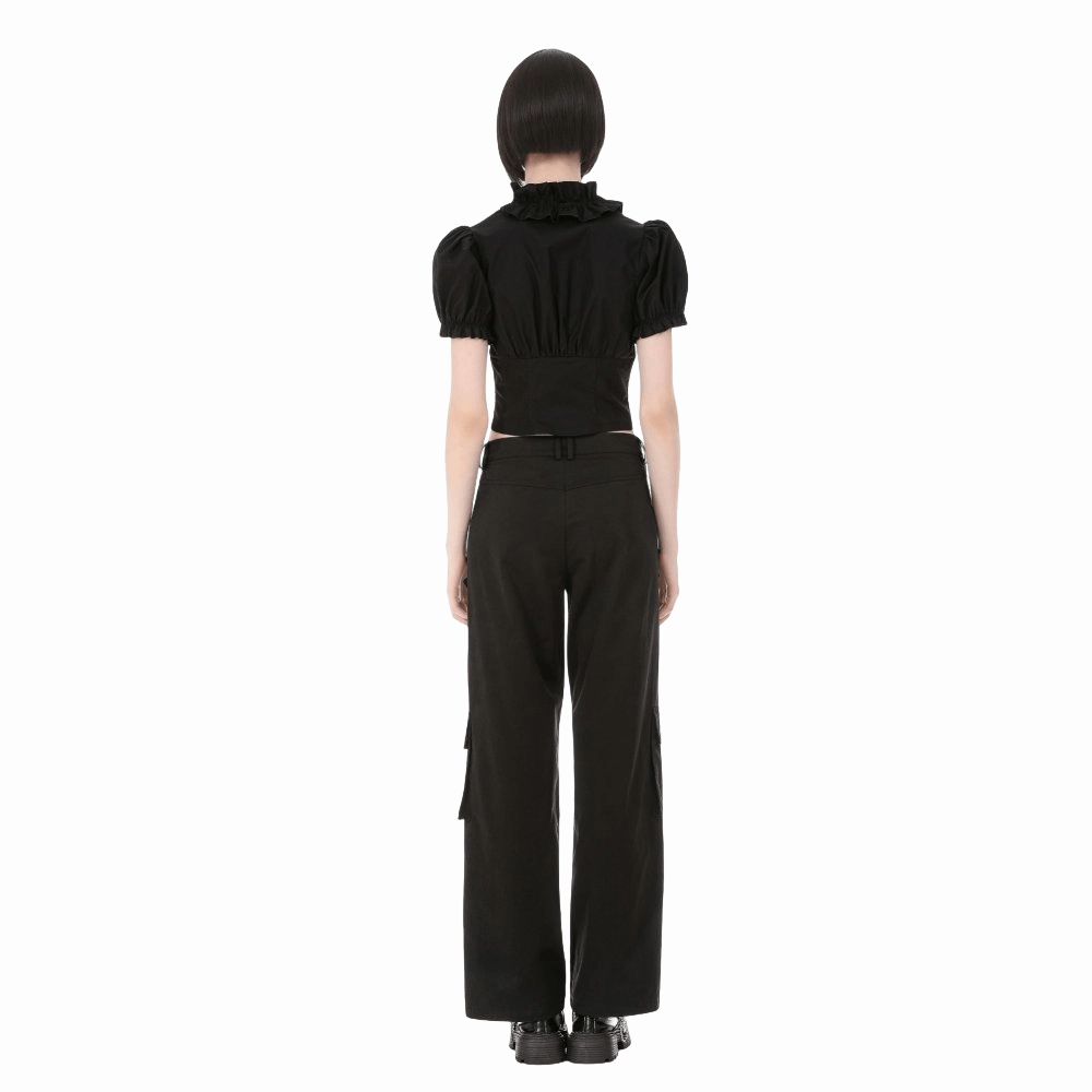 Darkinlove Women's Punk Ruffled Plunging Zipper Short Sleeve Crop Top