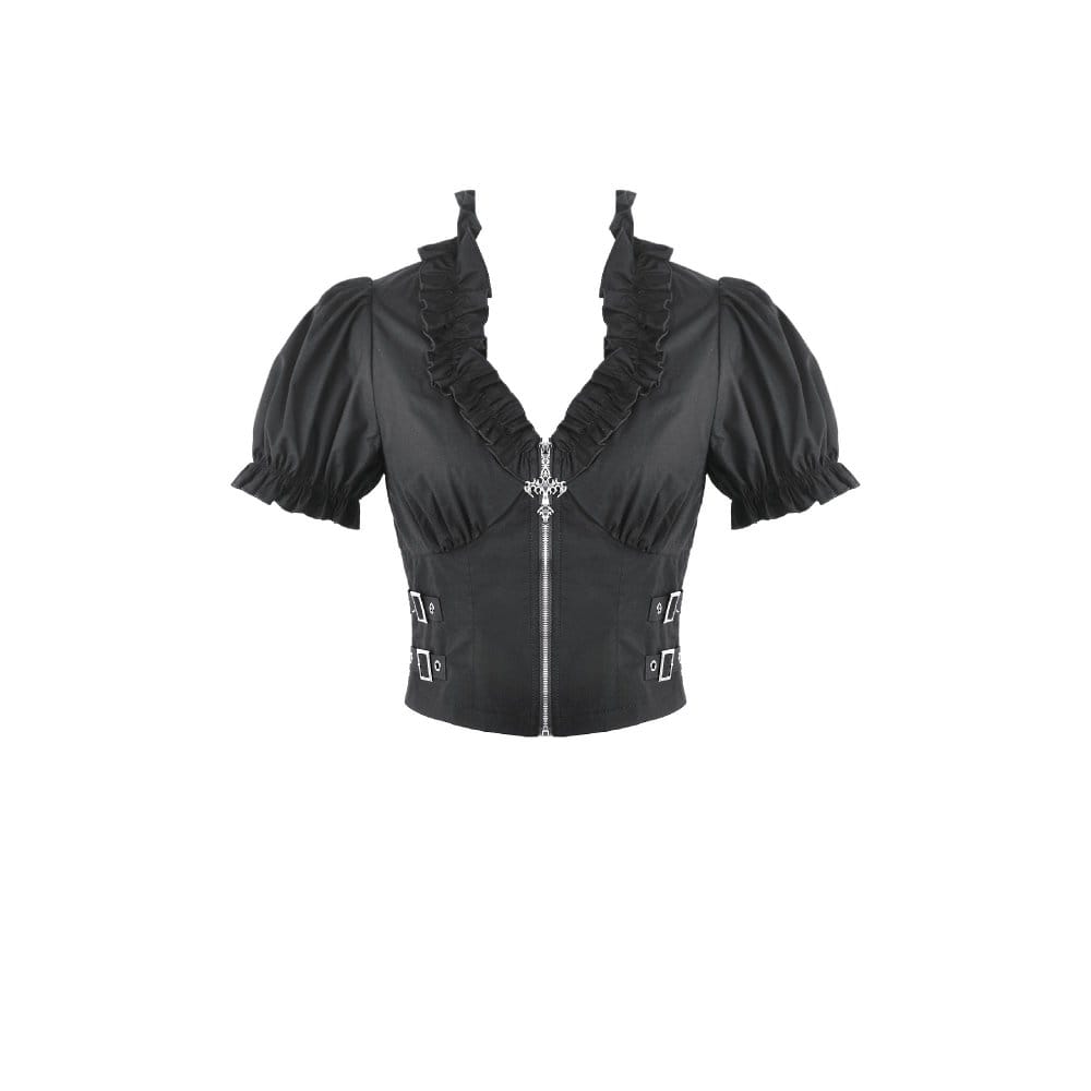 Darkinlove Women's Punk Ruffled Plunging Zipper Short Sleeve Crop Top